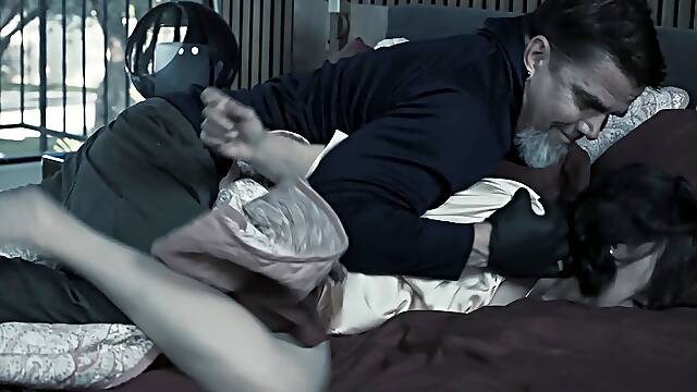 Brunette is handcuffed in the midnight and groped by a stranger