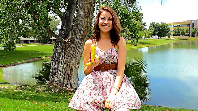 Stunning Kinsley with natural tits pleasuring herself with a banana