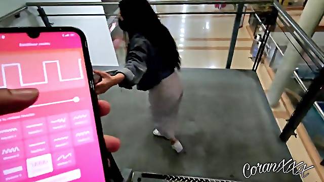 My boyfriend takes control of my sex toy and makes me moist at the mall