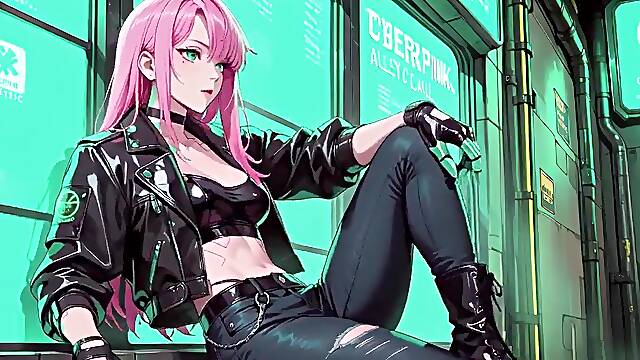 AI-generated- Pink-Haired Leather Tech! Intimate vibes in a neon-lit cyber corridor.