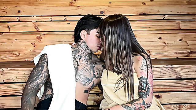 My neighbour leaves me alone with her boyfriend and we end up screwing in the sauna