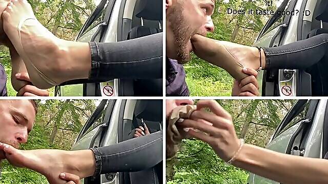 EXCLUSIVE: Happy taxi driver sniffs and licks Emilys stinky nylon ped socks