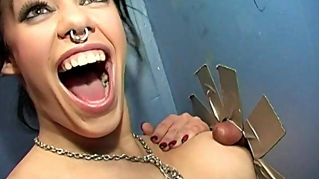 Slutty MILF babes Barb Cummings and Gia Paloma share a glory hole cock