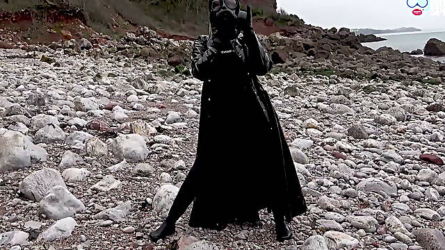 Gas Mask Goddess - Rubber Wetsuit & Pvc Mac Beach Tease
